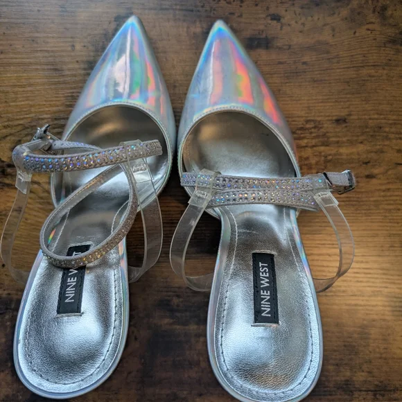 Metallic heels with rhinestone wrap around straps. - Picture 5 of 5